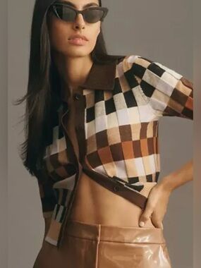 Maeve Brown Kinsley Collared Short-Sleeve Knit Retro Checked Polo Cardigan Top